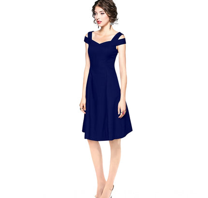 Women's Polyester Solid V Neck Cap Sleeve off Shoulder Dress (Blue)