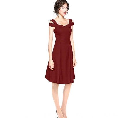 Women's Polyester Solid V Neck Cap Sleeve off Shoulder Dress (Maroon)