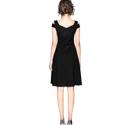 Women's Polyester Solid V Neck Cap Sleeve off Shoulder Dress (Black)