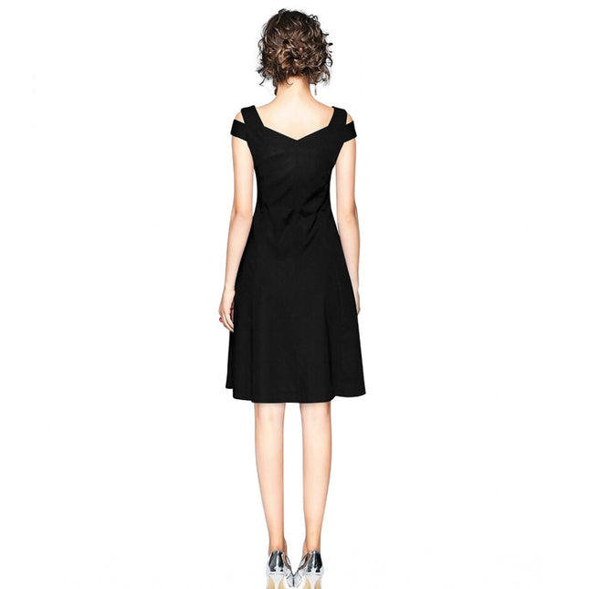 Women's Polyester Solid V Neck Cap Sleeve off Shoulder Dress (Black)
