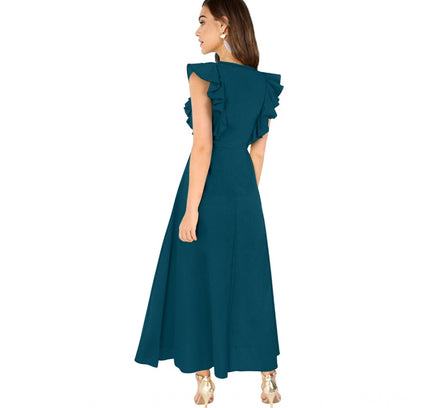 Women's Knitting stretchable Solid Round Neck Ruffled Sleeve Dress (Morpich)