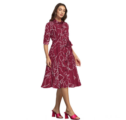 Women's Ruby Cotton Printed Shirt Collar 3-4th Sleeve Dress (Maroon)