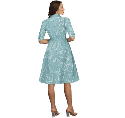 Women's Ruby Cotton Printed Shirt Collar 3-4th Sleeve Dress (Pista)