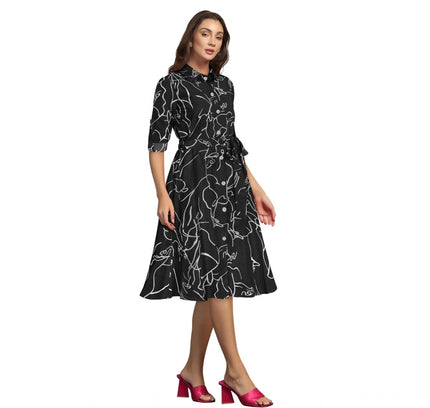 Women's Ruby Cotton Printed Shirt Collar 3-4th Sleeve Dress (Black)