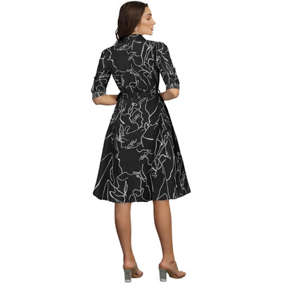 Women's Ruby Cotton Printed Shirt Collar 3-4th Sleeve Dress (Black)