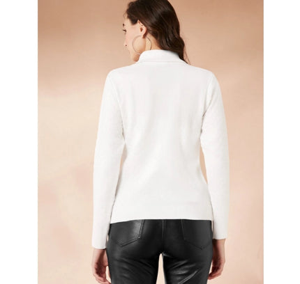 Women's Polyester Solid High Neck Full Sleeve T-Shirt (White)