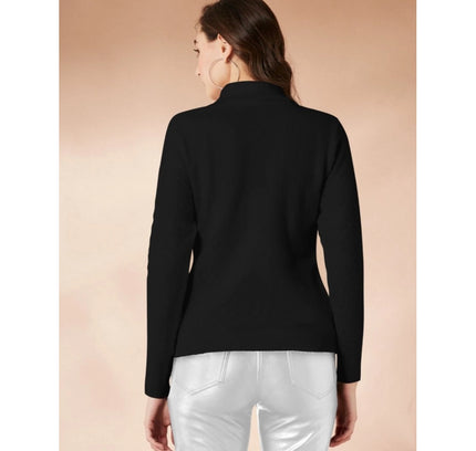 Women's Polyester Solid High Neck Full Sleeve T-Shirt (Black)