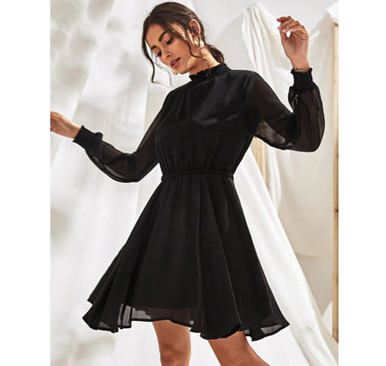 Women's Fox Georgette Solid High Neck Full Sleeve Dress (Black)