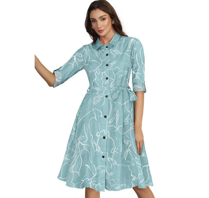 Women's Ruby Cotton Printed Shirt Collar 3-4th Sleeve Dress (Pista)