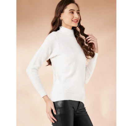 Women's Polyester Solid High Neck Full Sleeve T-Shirt (White)