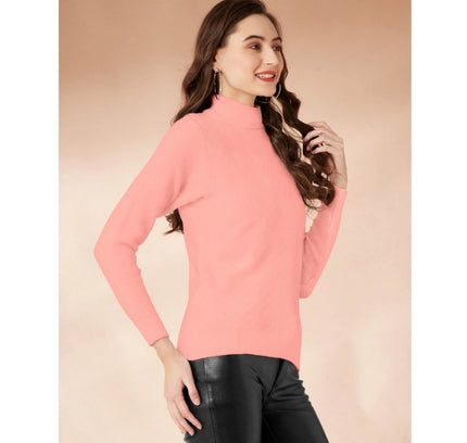 Women's Polyester Solid High Neck Full Sleeve T-Shirt (Peach)