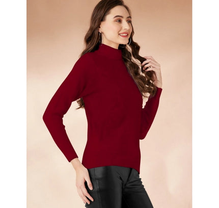 Women's Polyester Solid High Neck Full Sleeve T-Shirt (Maroon)