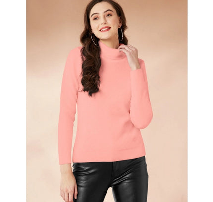 Women's Polyester Solid High Neck Full Sleeve T-Shirt (Peach)