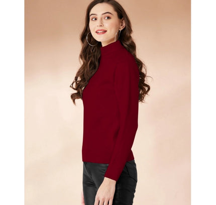 Women's Polyester Solid High Neck Full Sleeve T-Shirt (Maroon)