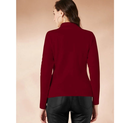Women's Polyester Solid High Neck Full Sleeve T-Shirt (Maroon)