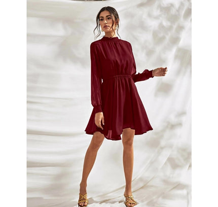 Women's Fox Georgette Solid High Neck Full Sleeve Dress (Maroon)