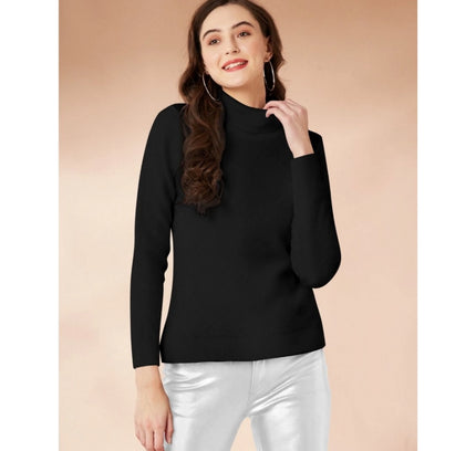 Women's Polyester Solid High Neck Full Sleeve T-Shirt (Black)