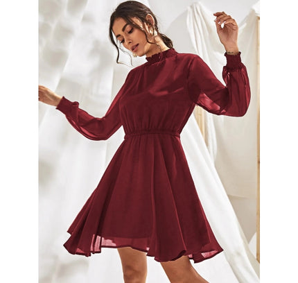 Women's Fox Georgette Solid High Neck Full Sleeve Dress (Maroon)