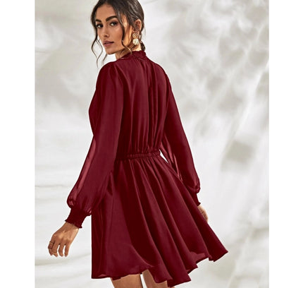 Women's Fox Georgette Solid High Neck Full Sleeve Dress (Maroon)