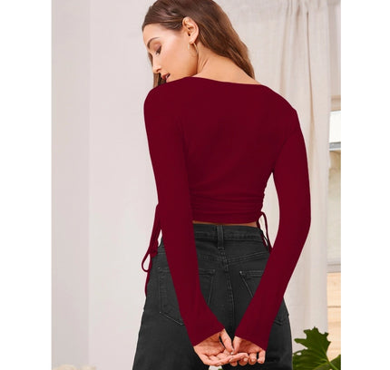 Women's Polyester Solid Round Neck Full Sleeve Top (Maroon)