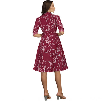 Women's Ruby Cotton Printed Shirt Collar 3-4th Sleeve Dress (Maroon)