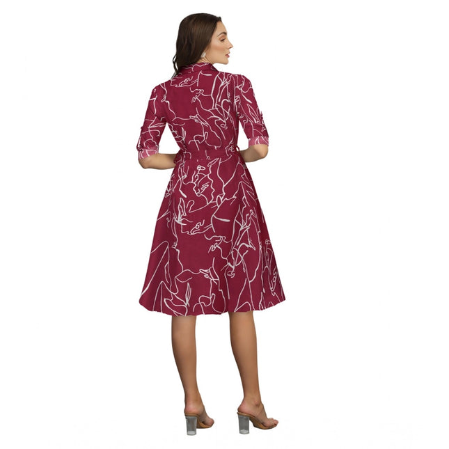 Women's Ruby Cotton Printed Shirt Collar 3-4th Sleeve Dress (Maroon)