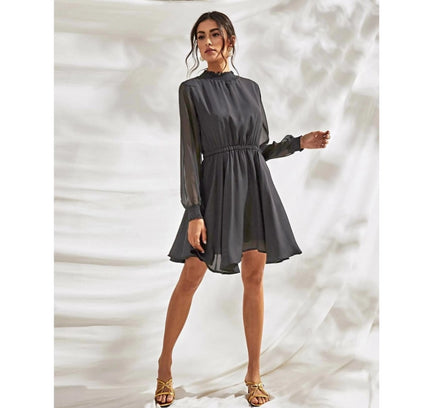 Women's Fox Georgette Solid High Neck Full Sleeve Dress (Grey)