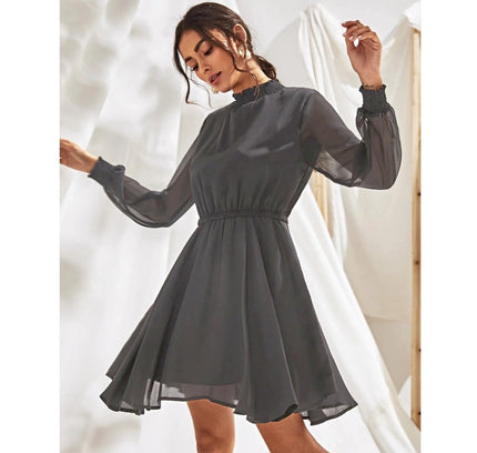 Women's Fox Georgette Solid High Neck Full Sleeve Dress (Grey)