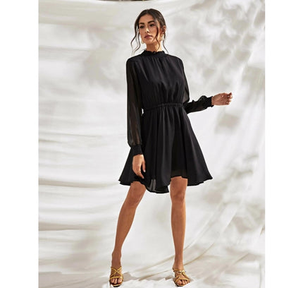 Women's Fox Georgette Solid High Neck Full Sleeve Dress (Black)