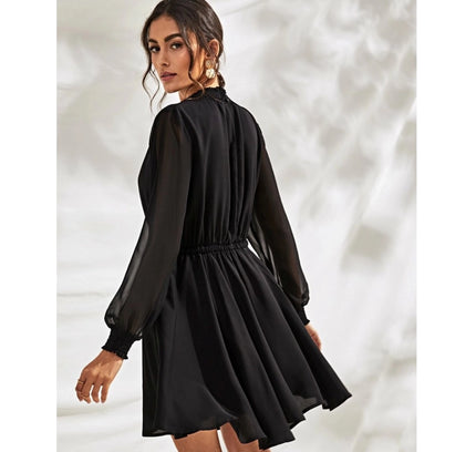 Women's Fox Georgette Solid High Neck Full Sleeve Dress (Black)