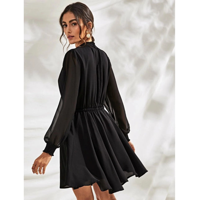 Women's Fox Georgette Solid High Neck Full Sleeve Dress (Black)