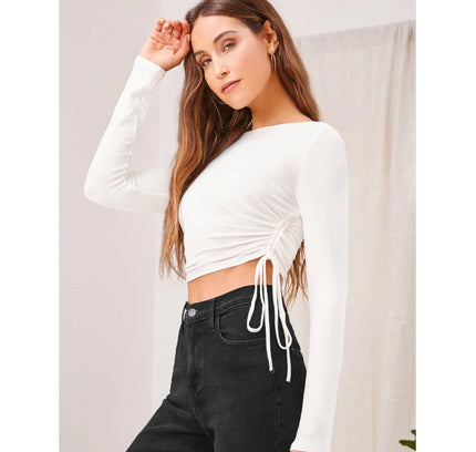 Women's Polyester Solid Round Neck Full Sleeve Top (White)