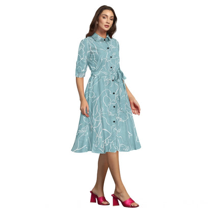 Women's Ruby Cotton Printed Shirt Collar 3-4th Sleeve Dress (Pista)