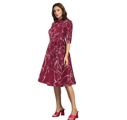 Women's Ruby Cotton Printed Shirt Collar 3-4th Sleeve Dress (Maroon)