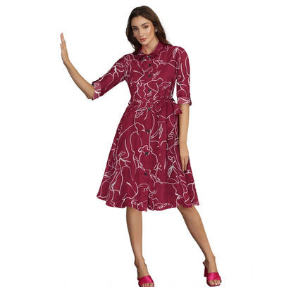 Women's Ruby Cotton Printed Shirt Collar 3-4th Sleeve Dress (Maroon)