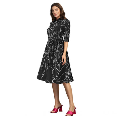 Women's Ruby Cotton Printed Shirt Collar 3-4th Sleeve Dress (Black)