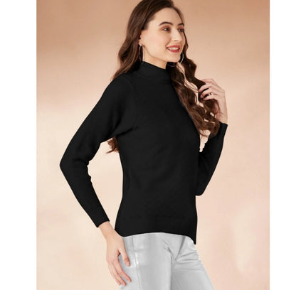 Women's Polyester Solid High Neck Full Sleeve T-Shirt (Black)