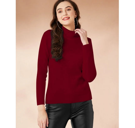 Women's Polyester Solid High Neck Full Sleeve T-Shirt (Maroon)