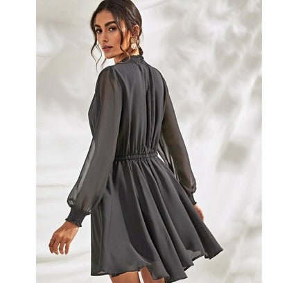 Women's Fox Georgette Solid High Neck Full Sleeve Dress (Grey)