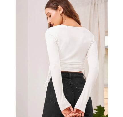 Women's Polyester Solid Round Neck Full Sleeve Top (White)