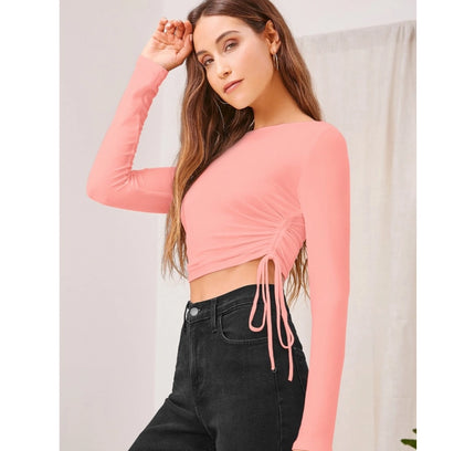 Women's Polyester Solid Round Neck Full Sleeve Top (Peach)