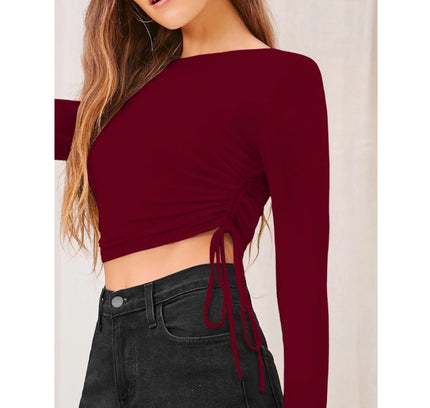 Women's Polyester Solid Round Neck Full Sleeve Top (Maroon)