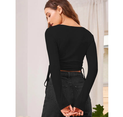 Women's Polyester Solid Round Neck Full Sleeve Top (Black)