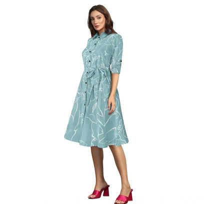 Women's Ruby Cotton Printed Shirt Collar 3-4th Sleeve Dress (Pista)