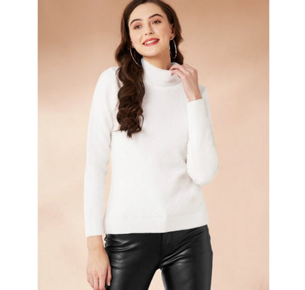 Women's Polyester Solid High Neck Full Sleeve T-Shirt (White)