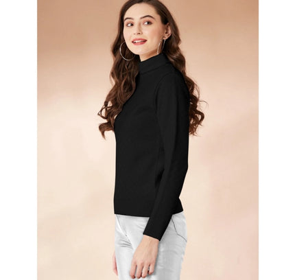 Women's Polyester Solid High Neck Full Sleeve T-Shirt (Black)