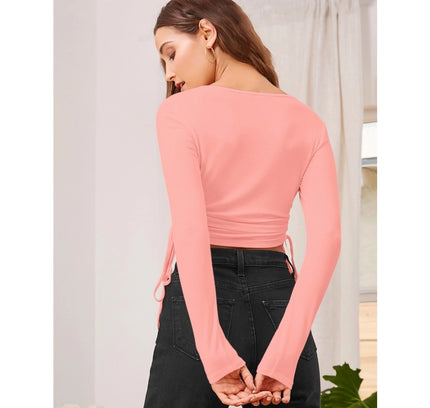 Women's Polyester Solid Round Neck Full Sleeve Top (Peach)