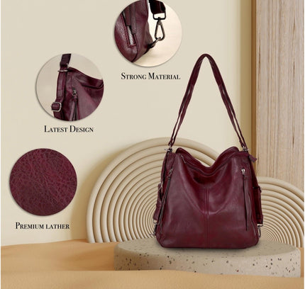 Women's PU Leather Medium Shoulder Zipper Handbag (Wine red)