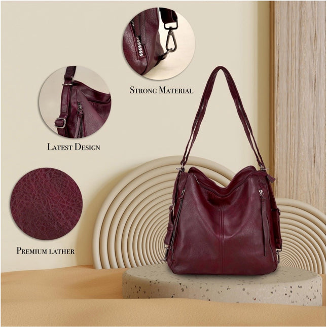 Women's PU Leather Medium Shoulder Zipper Handbag (Wine red)