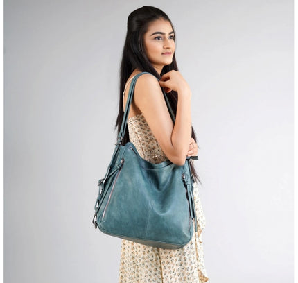 Women's PU Leather Medium Shoulder Zipper Handbag (Blue)